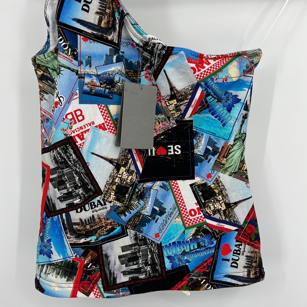 ❌SOLD❌ Balenciaga Asymmetric All Over Cities Tank Top in Multicolor - Picture 5 of 8